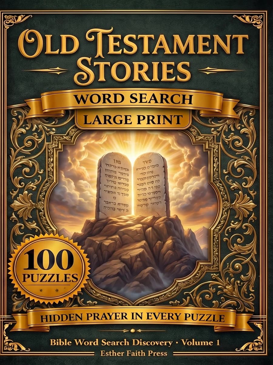 Old Testament Stories Word Search — Volume 1, featuring the Ten Commandments tablets on an emerald and gold cover